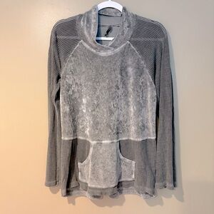 XCVI Textured open weave loungewear sweater greyscale fishnet high neck cyber